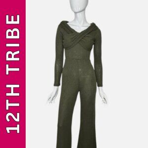 12th Tribe Jumpsuit Greenwich Olive Knit Off The Shoulder Size Small Long Sleeve